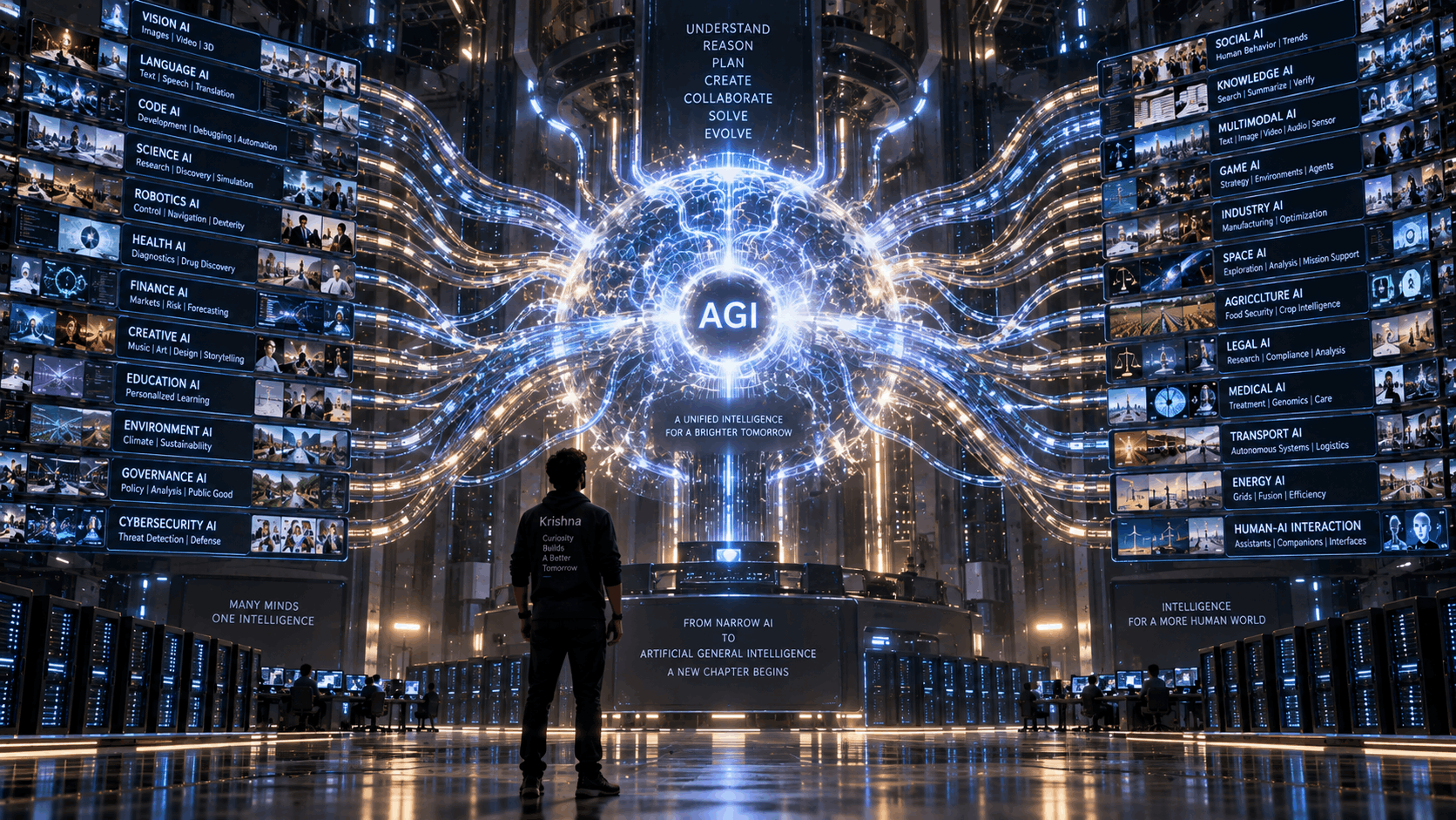 Krishna stands before a radiant core labeled AGI, walls of specialized AI systems — vision, language, robotics, science, medicine — branching from a single unified intelligence.
