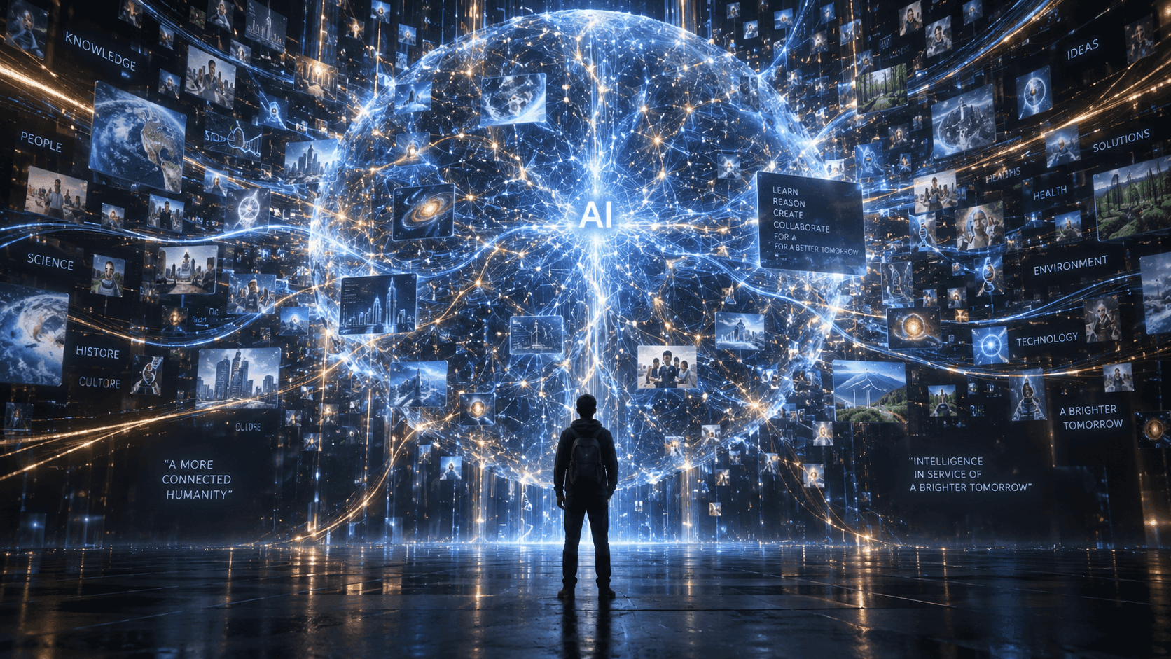 A lone figure stands before a colossal, luminous artificial intelligence woven from a planetary network of knowledge, ideas and connected humanity.
