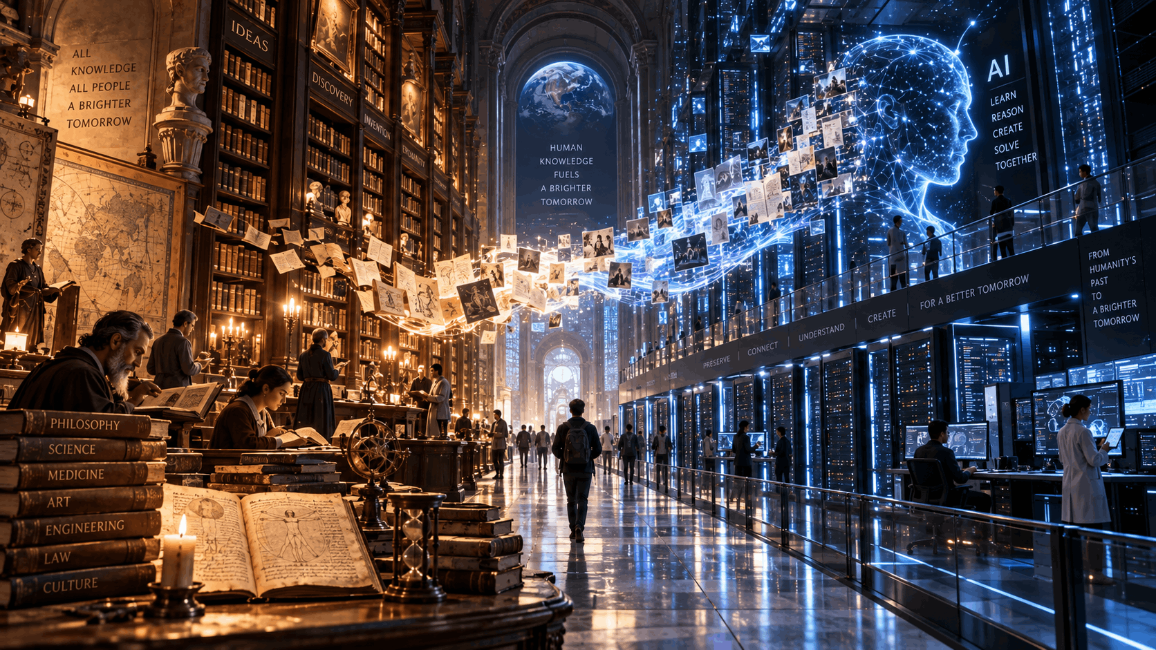 A grand library where centuries of books and handwritten knowledge stream across the room into a luminous digital AI figure.