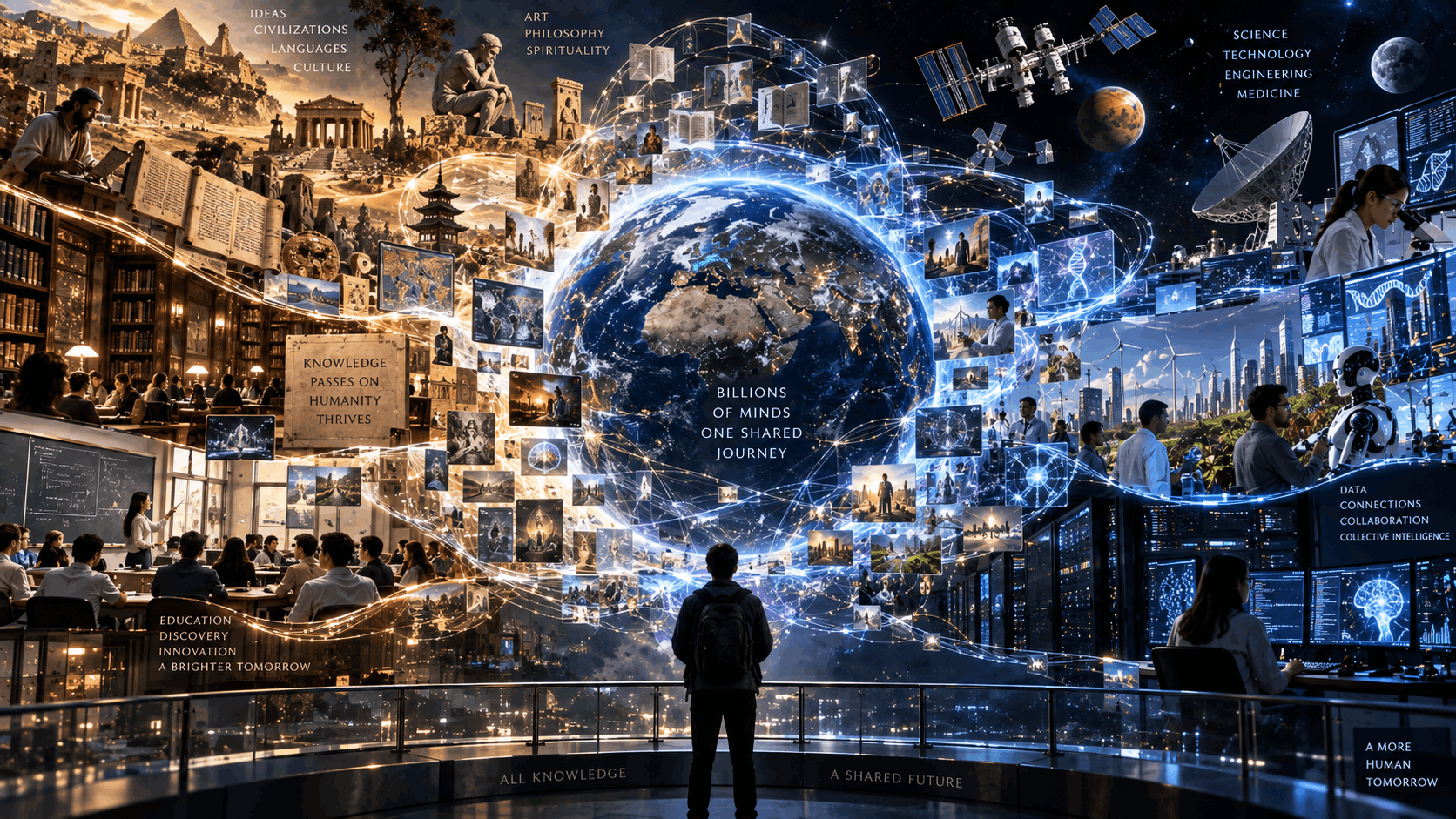 A person stands before a glowing globe woven from images of libraries, laboratories, art, and cities — billions of minds forming one shared journey of knowledge.