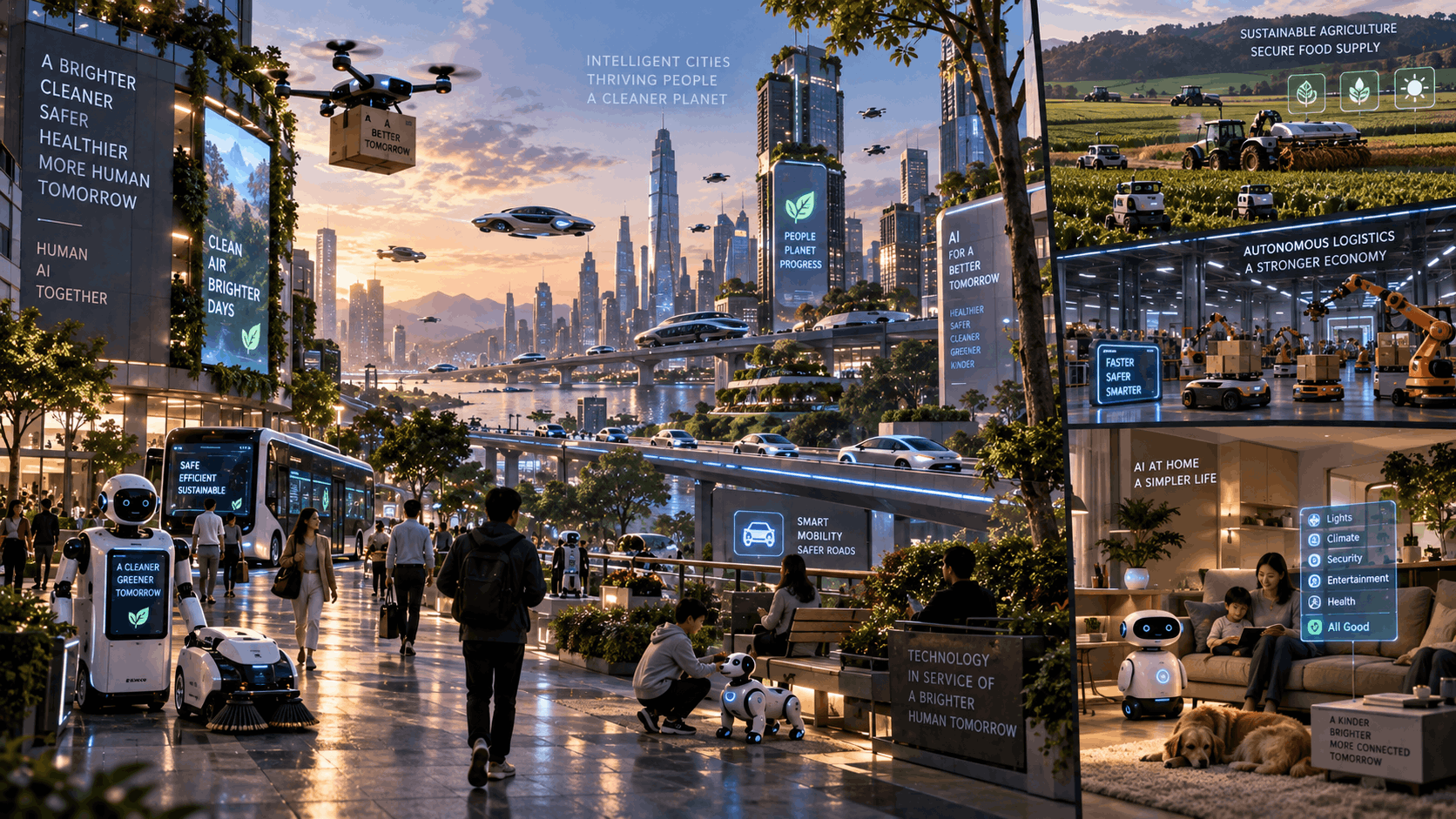 A smart city street where delivery drones, autonomous vehicles, cleaning robots and companion robots handle tasks that once required people.