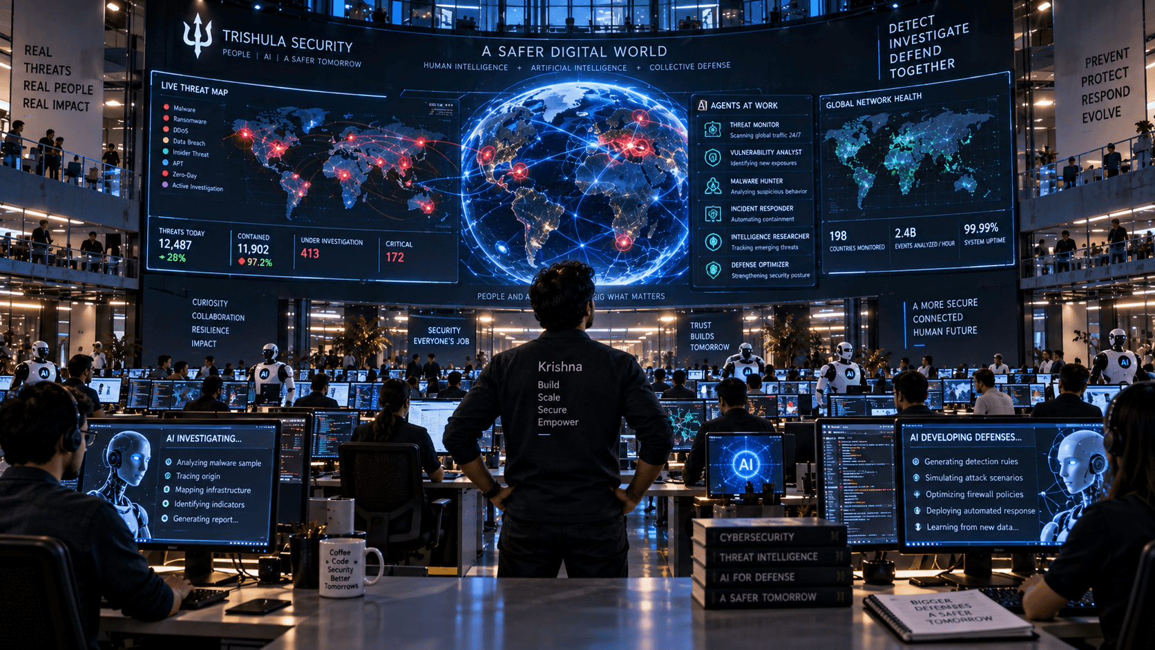 Krishna now stands in a vast operations center as his cybersecurity company, Trishula Security, monitors threats across 197 countries with hundreds of employees and AI agents.