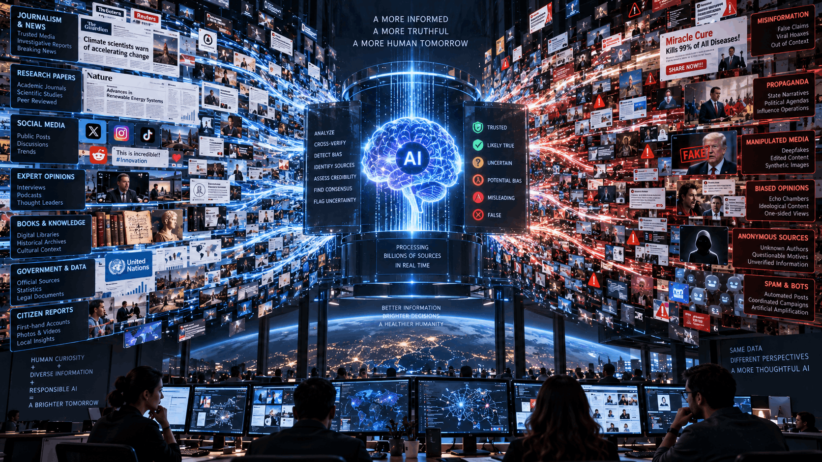 An AI system suspended between two vast walls of information — trusted journalism and research on one side, misinformation, propaganda and manipulated media on the other.