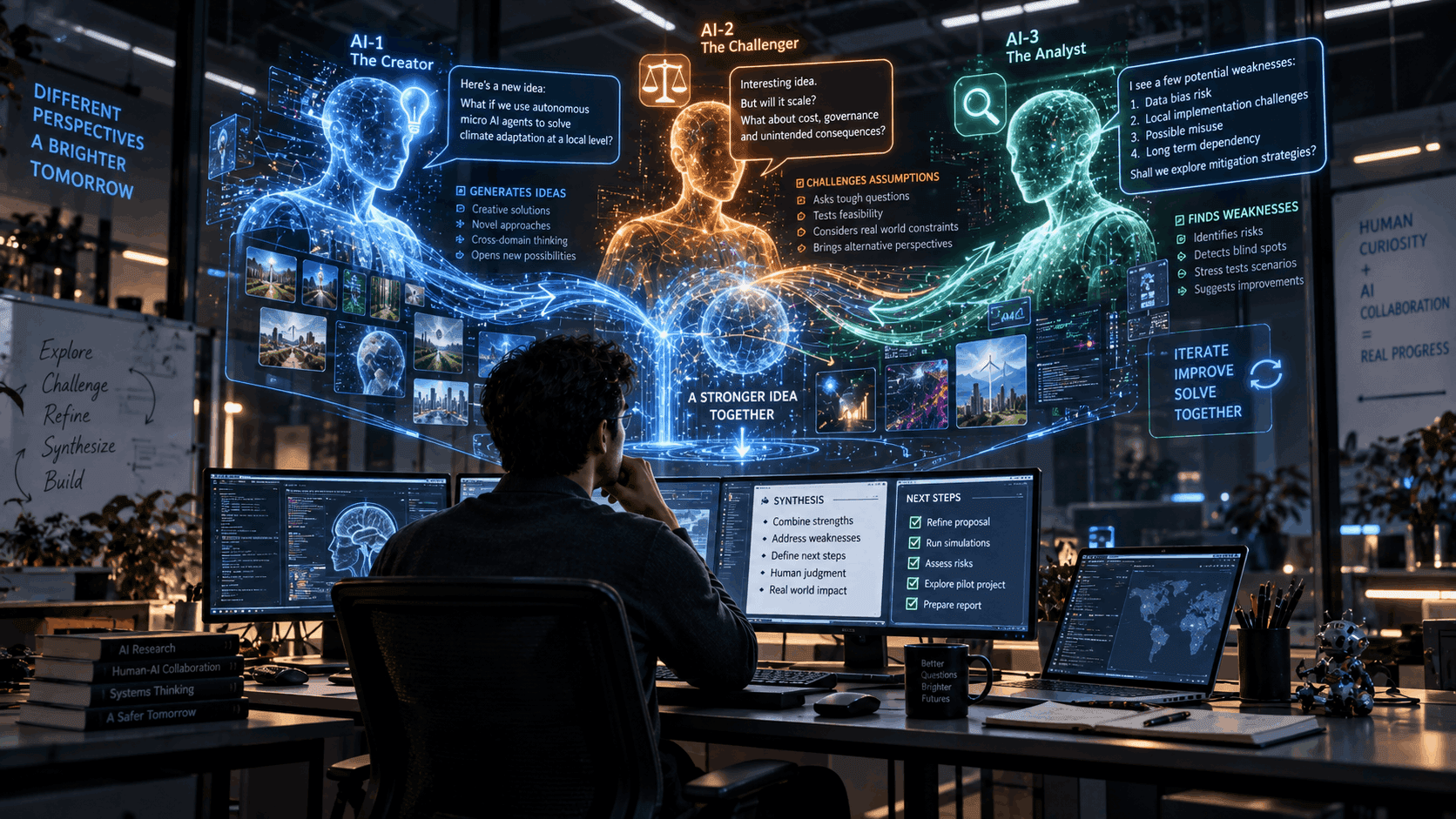 A software engineer watches three distinct AI personas — a creator, a challenger and an analyst — debate an idea together on a holographic display.
