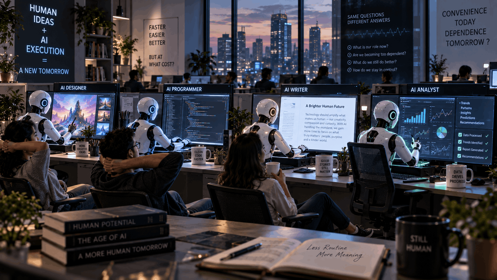 An office where AI robots labeled Designer, Programmer, Writer and Analyst work at their desks while their human colleagues relax behind them.