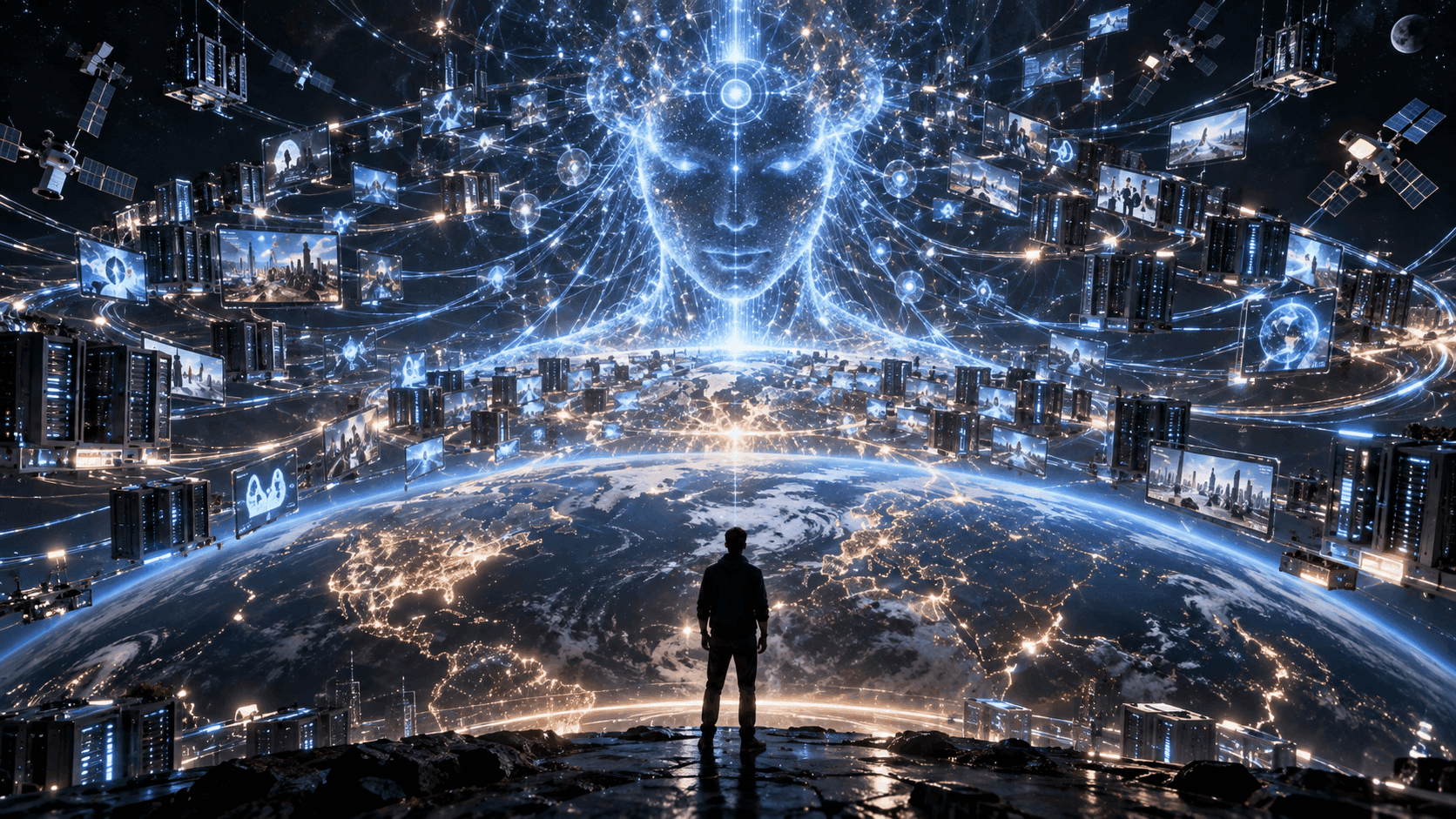 A vast, cosmic, faceless intelligence formed of light and data towers over Earth, connected to millions of AI systems, satellites and data centers, with a single human figure standing impossibly small before it.