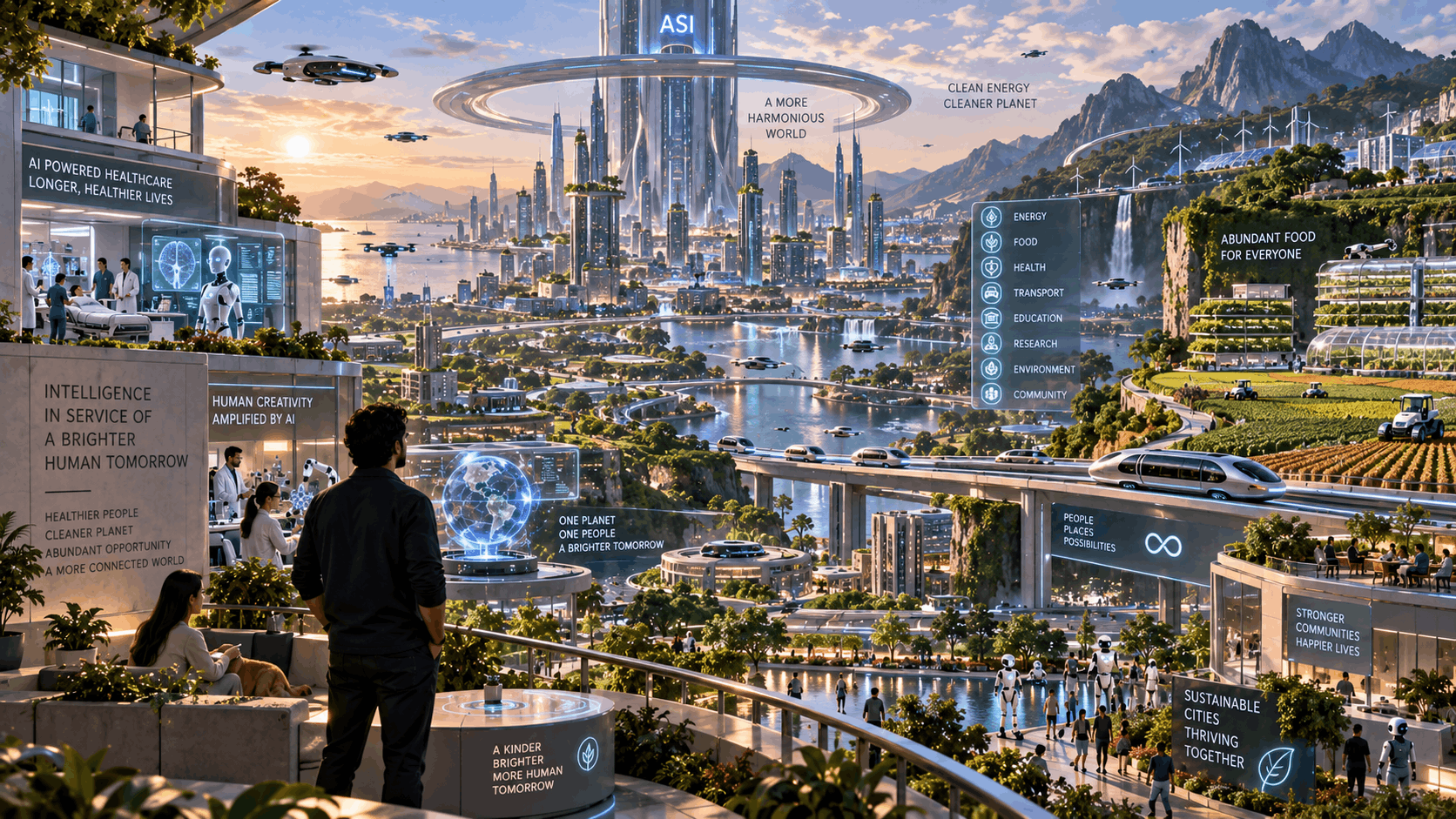 A gleaming ASI-powered city at golden hour, with clean energy, abundant food, healthcare, and thriving communities living alongside robots.