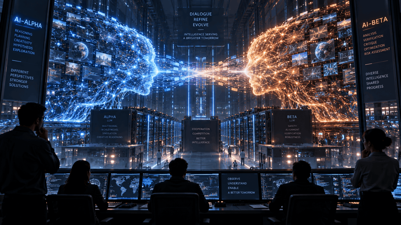 Two vast AI intelligences, AI-Alpha and AI-Beta, face each other across a data center, one built for creativity and exploration, the other for verification and risk assessment.