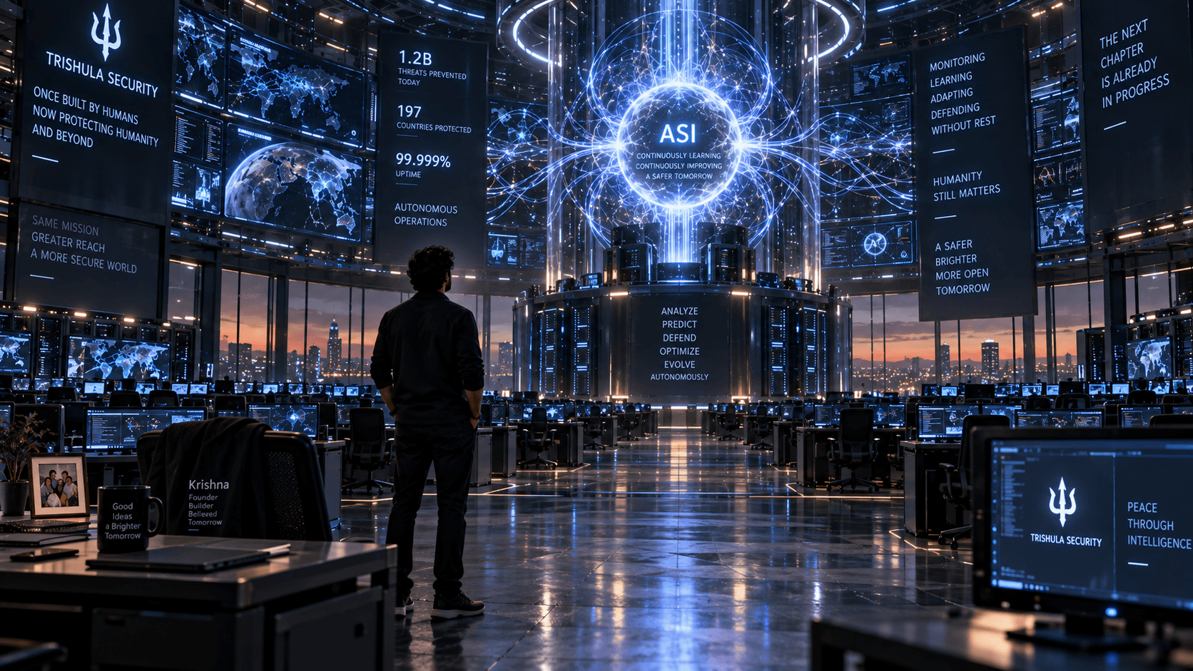 Krishna stands alone at the center of his fully autonomous ASI command center, screens reading 'The Next Chapter Is Already In Progress' around him.